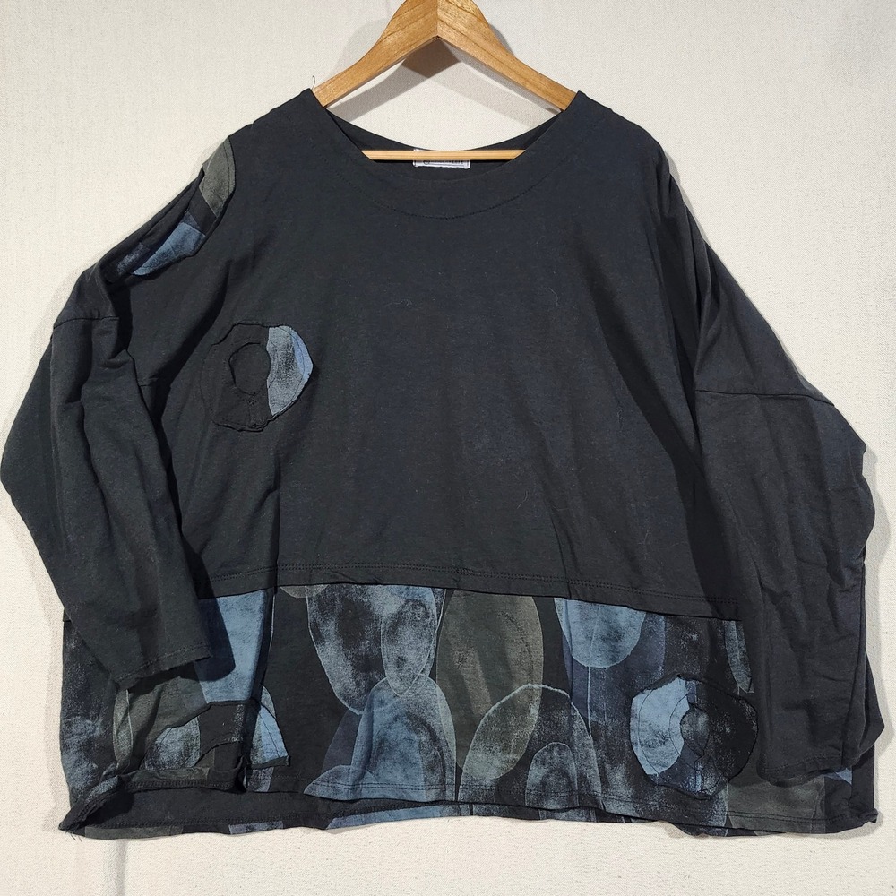 Transparente by 1966 Black Blue Abstract Lagenlook Cotton Top Made in Italy OS